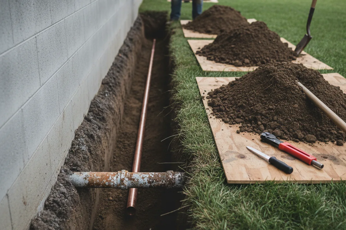 Excavated water line trench during Sewer Line Repair in South Acworth